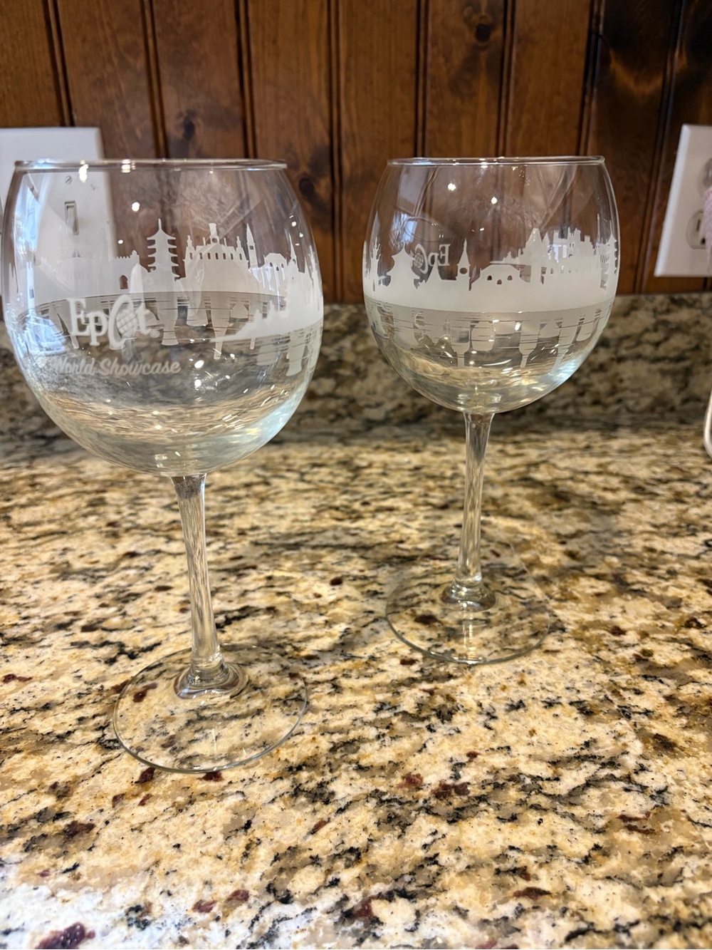 Disney Parks EPCOT World Showcase Etched Stemmed Wine Glass 8.25” Goblet (x2)